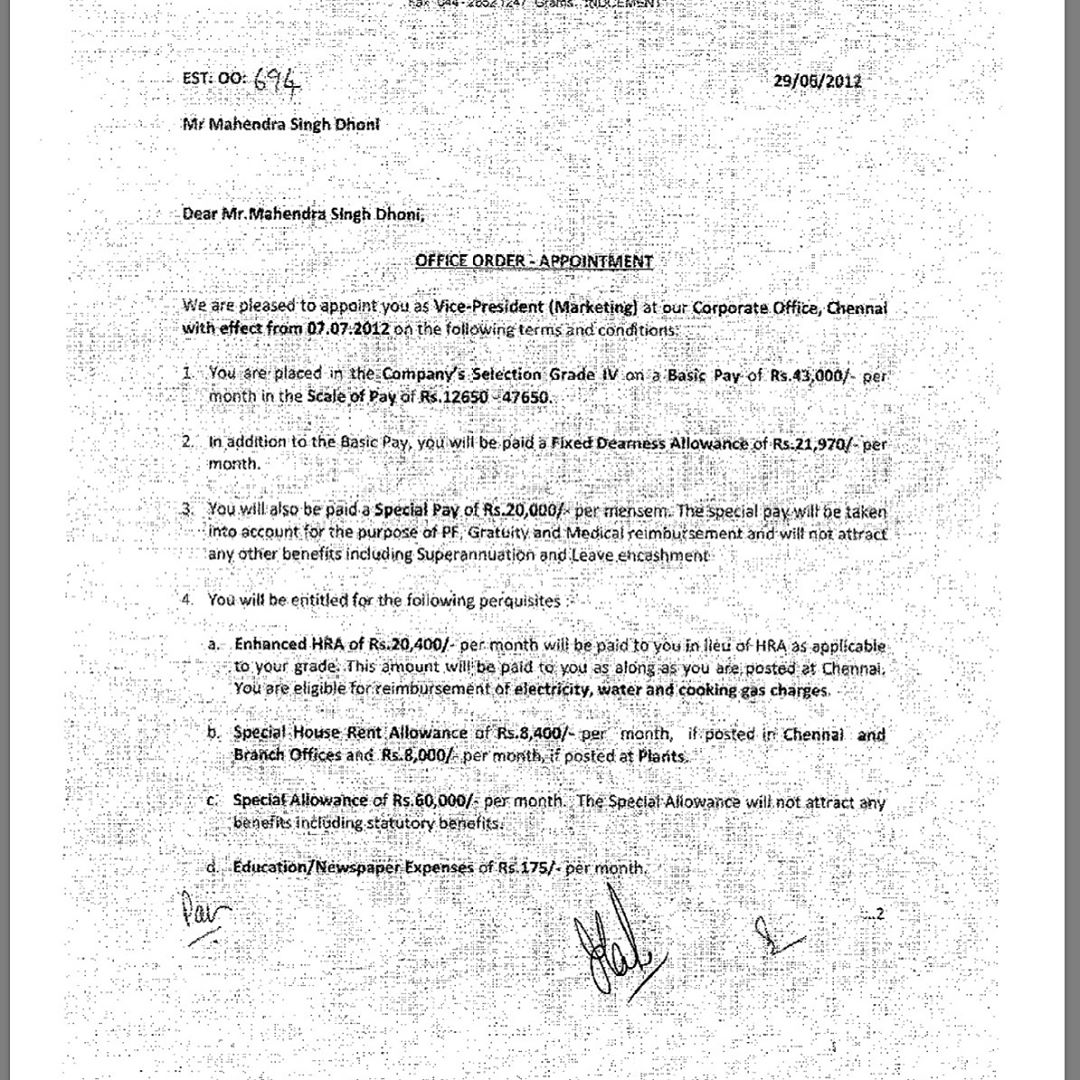 India Cements - M.S. Dhoni Appointment Letter