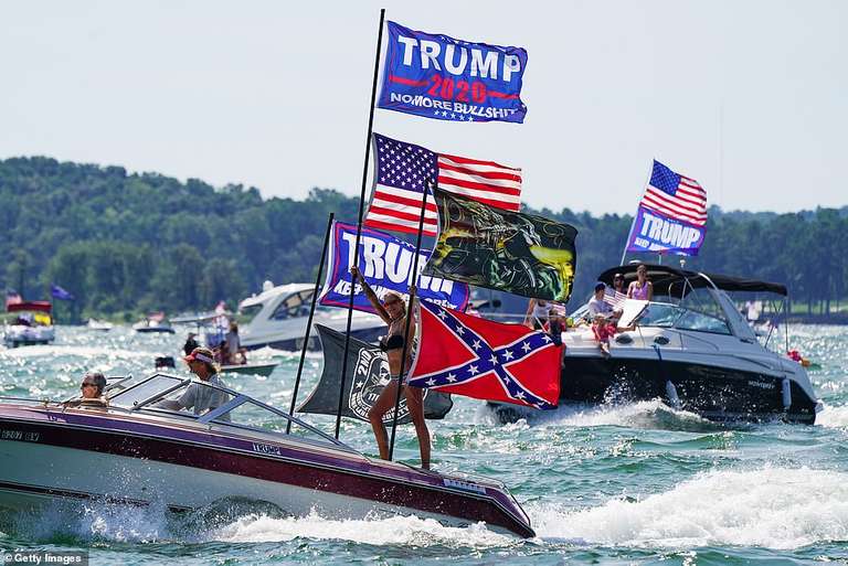 The majority of vessels pictured in Great American Boat Parade events were decked out in Trump 2020 flags, controversial Confederate flag and a swarm of American and Trump 2020 flags